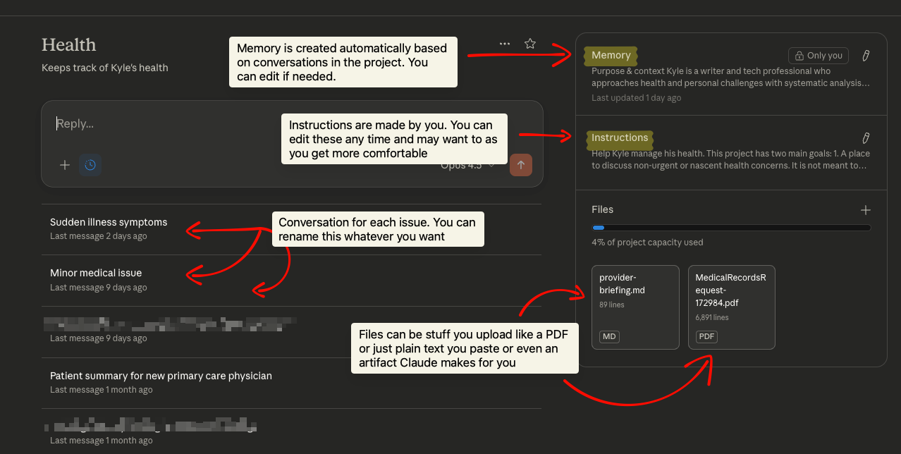 A Claude health project showing conversations about various health topics